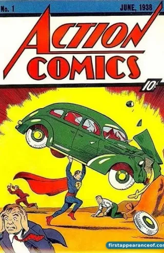 Superman lifting a green car over his head on the cover of Action Comics #1 (1938)