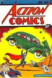Superman lifting a green car over his head on the cover of Action Comics #1 (1938)