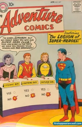 First appearance of Legion of Super-Heroes — the cover of Adventure Comics #247 (1958).