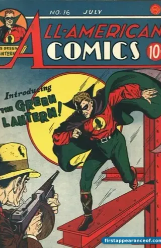 All-American Comics #16 (1940). Alan Scott as the original Green Lantern on the cover, lantern raised, in the red-and-green-and-purple costume that defines the Golden Age character.