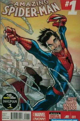 The Amazing Spider-Man #1 Vol. 3 (2014). Silk debuts in cameo. Dan Slott and Humberto Ramos.