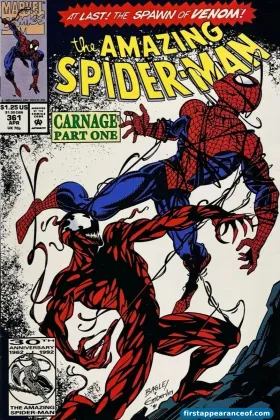 Carnage on the cover of The Amazing Spider-Man #361 (1993), his first full appearance and first cover.