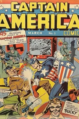 Captain America Comics #1 (1941). Bucky is alongside Cap on the cover, both punching Adolf Hitler. Cap throws the punch; Bucky has his fists raised behind him.