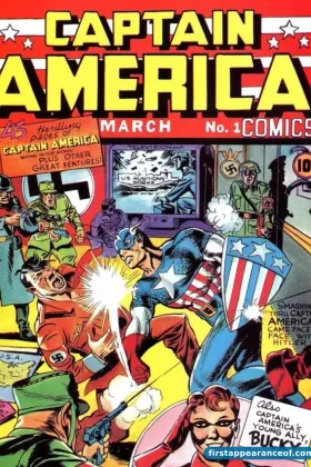 Captain America Comics #1 (1941). Cap punching Adolf Hitler on the cover. One of the most-reproduced images in American comics.
