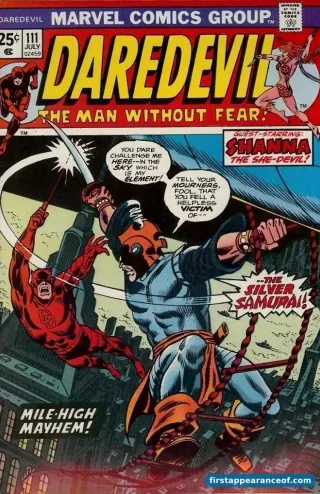 Daredevil #111 (1974). Silver Samurai is on the cover with his tachi sword raised, fighting Daredevil and Black Widow.