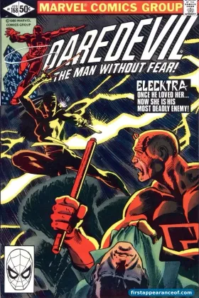 Elektra on the cover of Daredevil #168 (on sale 1981, cover-dated January 1982), her first appearance and first cover.
