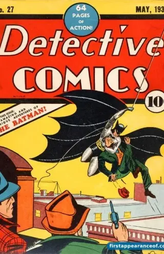 Detective Comics #27 (1939). Batman's first appearance. The car Batman drives in this issue is unnamed and red, the visual ancestor of the Batmobile.