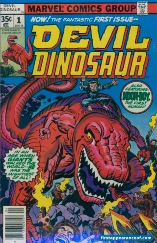 Devil Dinosaur #1 (1978). Jack Kirby cover. Devil snarling over Moon-Boy with a raised torch.