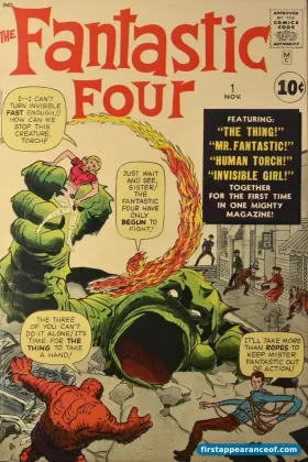 Fantastic Four #1 (1961). Ben Grimm as the Thing on the cover, alongside Reed Richards, Sue Storm, and Johnny Storm.