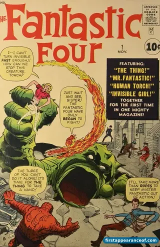 Fantastic Four #1 (1961). Ben Grimm as the Thing on the cover, alongside Reed Richards, Sue Storm, and Johnny Storm.