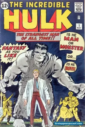 The Incredible Hulk #1 (1962). Jack Kirby's gray Hulk looming over a frightened Rick Jones as the gamma bomb detonates behind them.