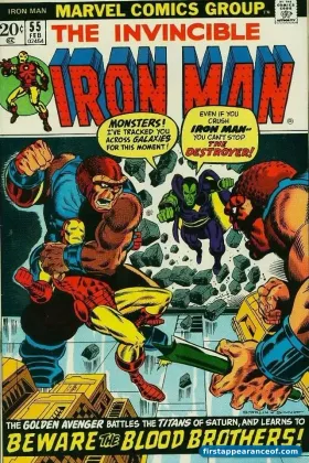 Iron Man #55 (1973). Iron Man and Drax the Destroyer on the cover; Thanos debuts inside alongside Drax.