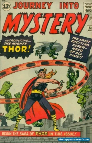 Thor on the cover of Journey into Mystery #83 (1962), hammering down against the Stone Men from Saturn.