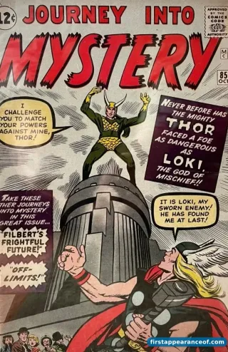 Journey into Mystery #85 (1962). Thor's third issue. The first sustained on-page Asgard depiction. Lee, Lieber, and Kirby establish the Bifrost, Odin's throne room, and the basic Asgardian architectural language.