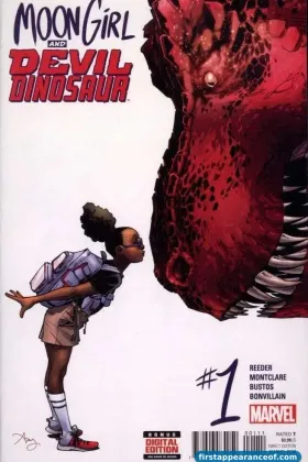 Moon Girl and Devil Dinosaur #1 (2015). Lunella Lafayette and the red T. rex on the cover by Amy Reeder.