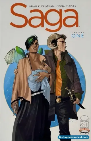 Saga #1 (2012). Brian K. Vaughan and Fiona Staples. The Saga universe debuts.