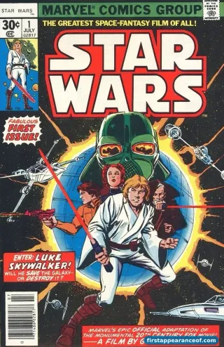 Star Wars #1 (1977). Marvel Comics. Luke Skywalker, Darth Vader, Princess Leia, and Han Solo all debut. Roy Thomas adapts the upcoming film.