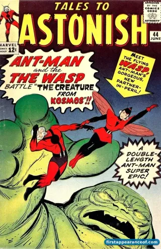 Tales to Astonish #44 (1963). The Wasp debuts on the cover alongside Ant-Man, both shrunk-down and confronting an enemy.