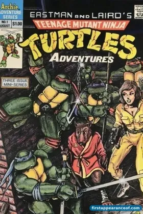 Teenage Mutant Ninja Turtles Adventures #1 (Archie Comics, 1988), Rocksteady's first comic appearance. Cover shows the four Turtles, Splinter, and April O'Neil.