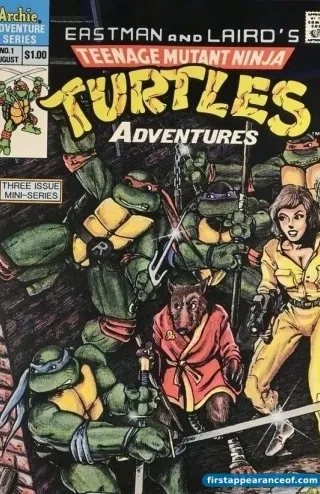 Teenage Mutant Ninja Turtles Adventures #1 (Archie Comics, 1988), Bebop's first comic appearance. Cover shows the four Turtles, Splinter, and April O'Neil.