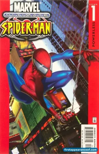 Ultimate Spider-Man #1 (2000). Brian Michael Bendis and Mark Bagley. The Ultimate Marvel imprint launch. The cover establishes the visual reset of the Spider-Man brand for a 2000s teen-superhero context.