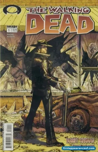 The Walking Dead #1 (2003). Rick Grimes on horseback entering Atlanta, one of the most-reproduced indie-comics covers of the 2000s.