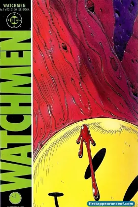 Watchmen #1 (1986). DC Comics. Alan Moore and Dave Gibbons launch the twelve-issue limited series; the cover is a yellow smiley-face button with a diagonal blood smear across one eye.