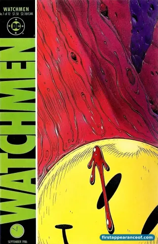 Watchmen #1 (1986). DC Comics. Alan Moore and Dave Gibbons launch the twelve-issue limited series; the cover is a yellow smiley-face button with a diagonal blood smear across one eye.
