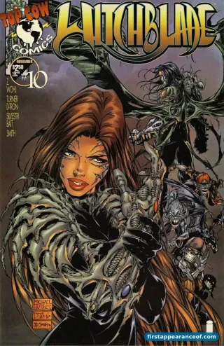 Witchblade #10 (1996). The Darkness debuts in the Witchblade title before getting his own series. The cover is a Witchblade composition; Jackie Estacado appears on interior pages.