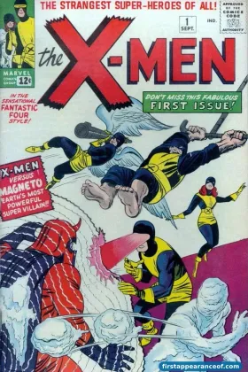 The original X-Men on the cover of X-Men #1 (1963). Cyclops front and center firing optic blasts.