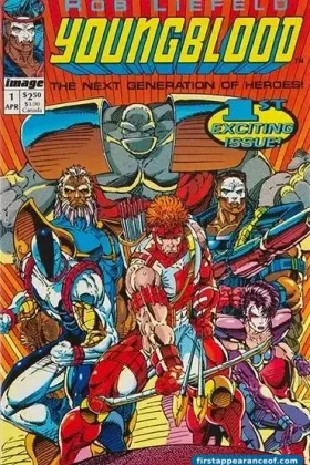Youngblood #1 (1992). Rob Liefeld's flagship Image Comics launch. Six members of the team posed against an explosive background, full Image-extreme visual mode.